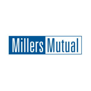 A blue and white logo for millers mutual.